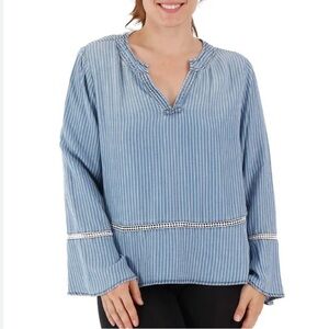 Fourteenth Place Blue White Pinstriped Lyocell V-neck Bell Sleeve Blouse XL